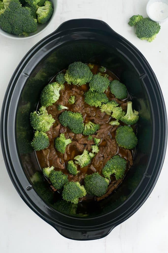 overhead shot of raw broccoli florets in a slow cooker.