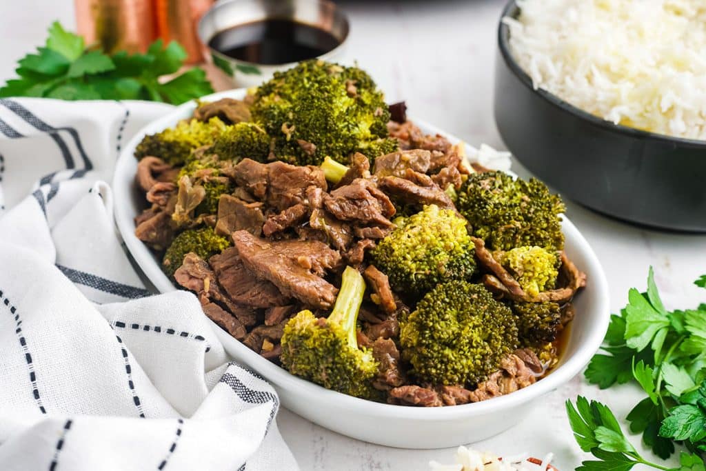 serving dish filled with beef & broccoli.
