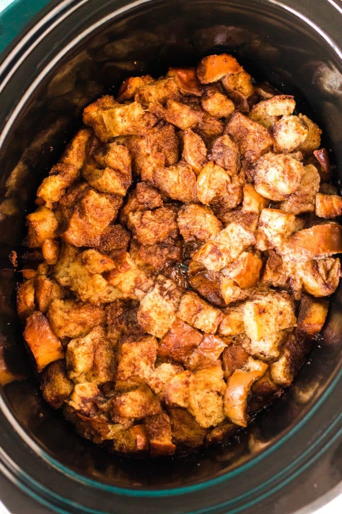 overhead shot of slow cooker french toast casserole.