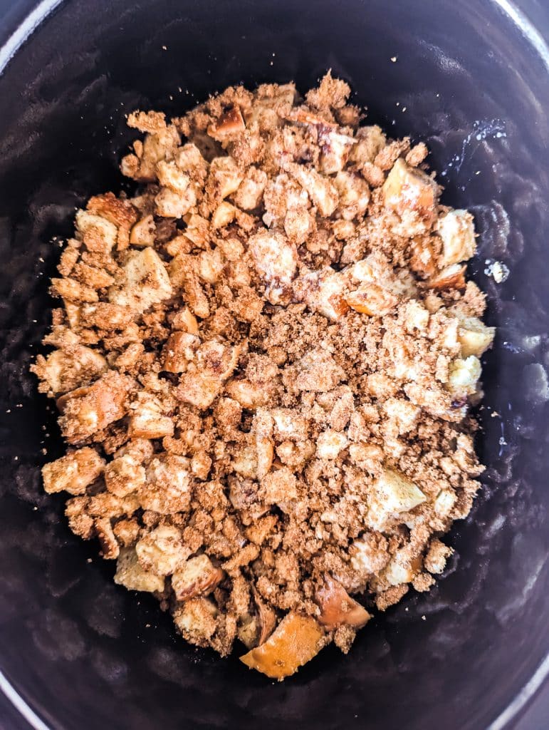 overhead shot of french toast casserole in a slow cooker.