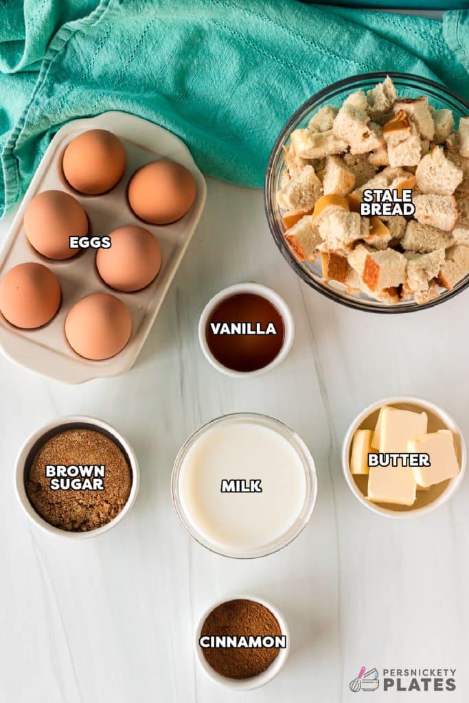 overhead shot of labeled ingredients laid out to make french toast.