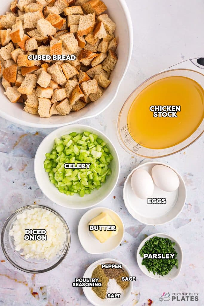 overhead shot of labeled ingredients laid out to make stuffing.