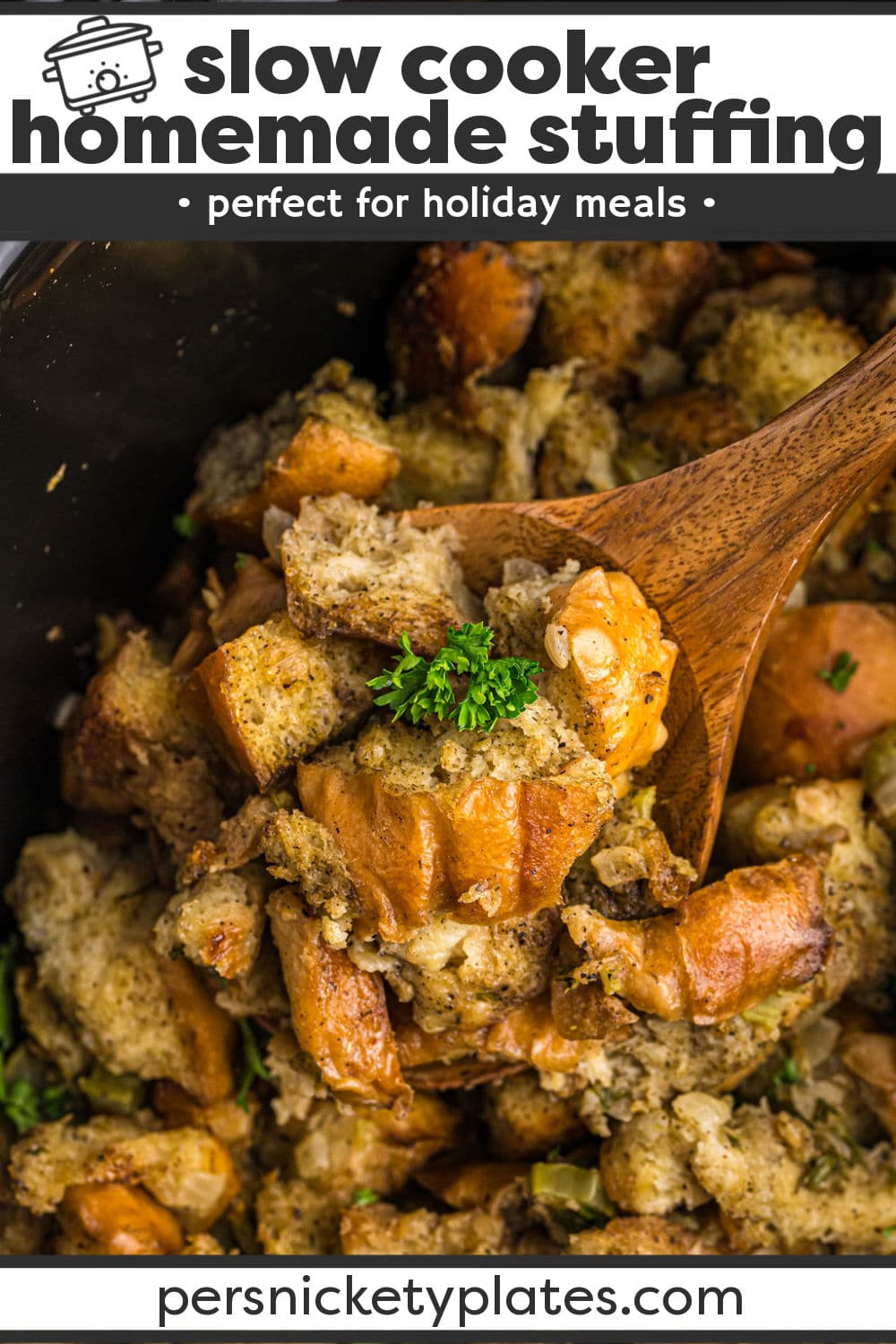 Slow Cooker Stuffing is so easy to make and is full of flavorful herbs. This crockpot side dish will save oven space and be a hit alongside your turkey. | www.persnicketyplates.com