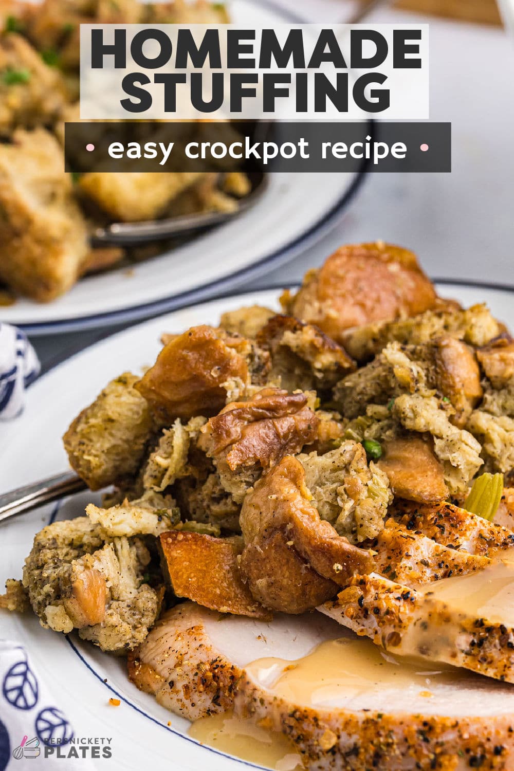Slow Cooker Stuffing is so easy to make and is full of flavorful herbs. This crockpot side dish will save oven space and be a hit alongside your turkey. | www.persnicketyplates.com