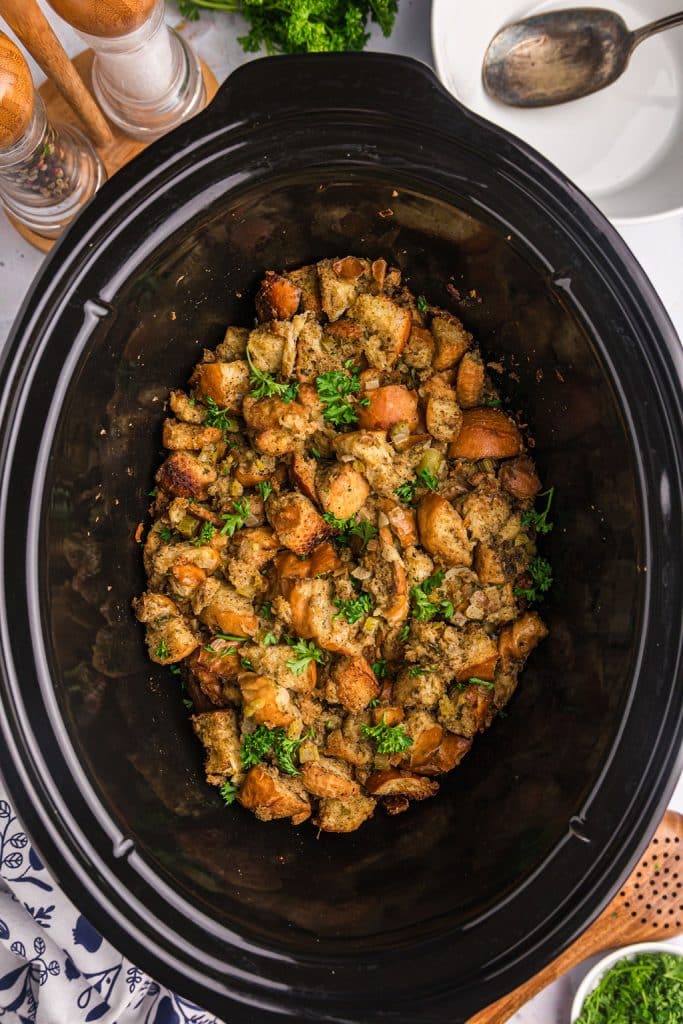 overhead shot of slow cooker stuffing.
