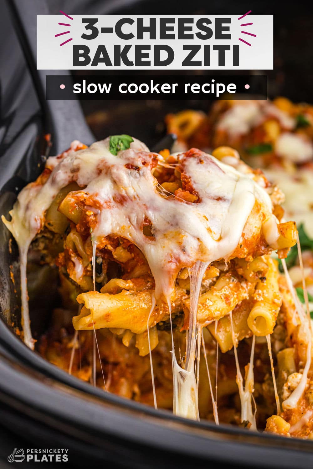 Now it’s easier than ever to make baked ziti - right in the slow cooker! Layered with tasty marinara sauce, uncooked pasta noodles, and a seasoned cheese mixture, this crockpot comfort food is a dump-and-set recipe that the whole family will love! | www.persnicketyplates.com