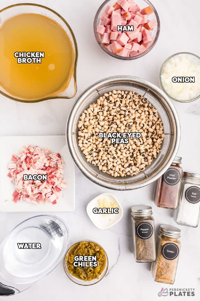 overhead shot of labeled ingredients laid out to make black eyed peas.