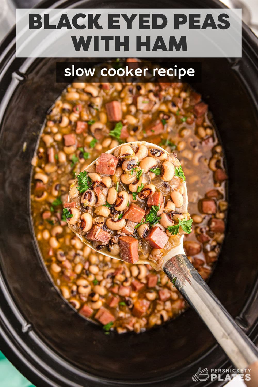 It’s easier than ever to make this classic Slow Cooker Black Eyed Peas for New Year’s this year! Dump dried peas into the crockpot, pour in all of the remaining ingredients, including ham, bacon, broth, and plenty of seasoning, and let the slow cooker do the rest. The results are buttery textures and savory and smoky flavors in a comfort food recipe to start your year off right! | www.persnicketyplates.com