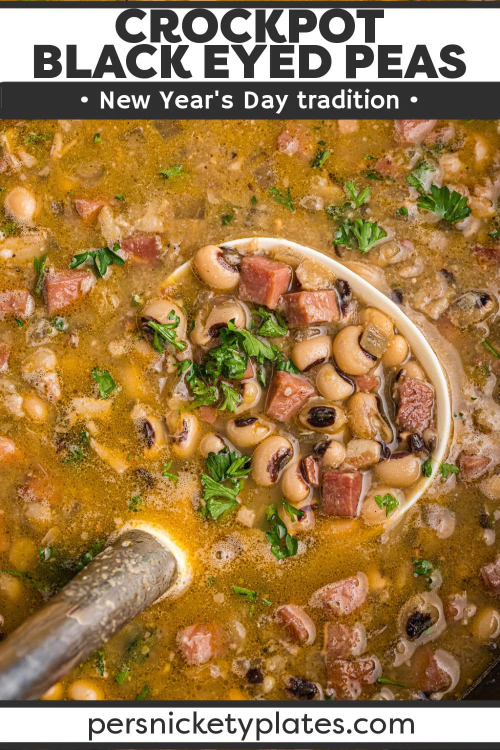 It’s easier than ever to make this classic Slow Cooker Black Eyed Peas for New Year’s this year! Dump dried peas into the crockpot, pour in all of the remaining ingredients, including ham, bacon, broth, and plenty of seasoning, and let the slow cooker do the rest. The results are buttery textures and savory and smoky flavors in a comfort food recipe to start your year off right! | www.persnicketyplates.com