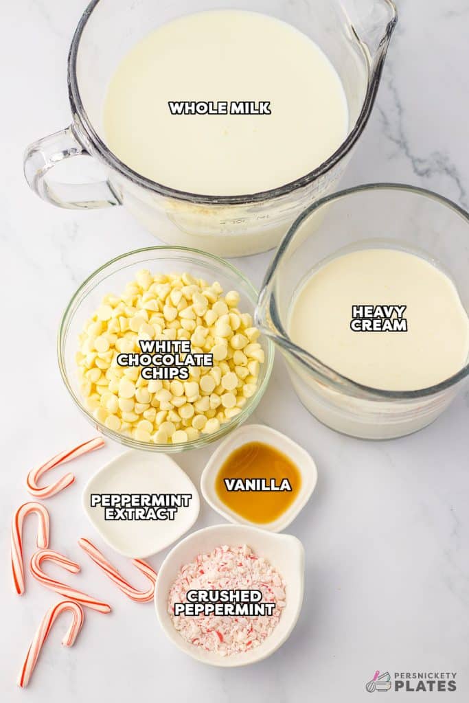 overhead shot of labeled ingredients laid out to make white hot chocolate.