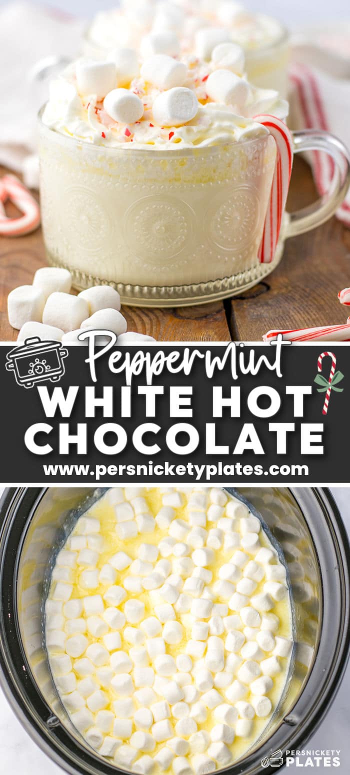 The ultimate winter drink is here! Make a big batch of this peppermint white hot chocolate recipe right in your slow cooker so everyone can have a mug or two. The rich creamy white hot chocolate with a wintry peppermint kick will have you and your loved ones feeling all the warm fuzzies from the inside out. | www.persnicketyplates.com