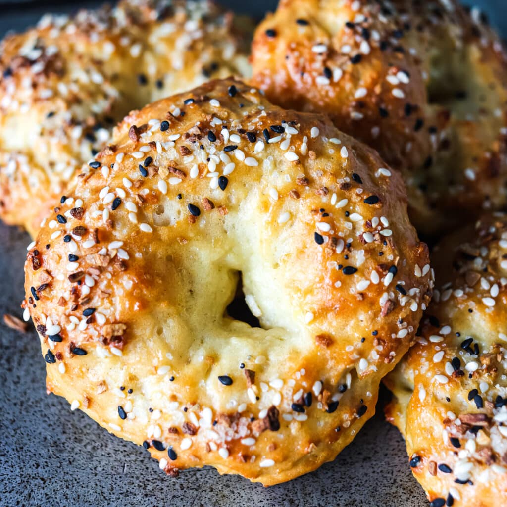 closeup of a bagel topped with everything bagel seasoning.