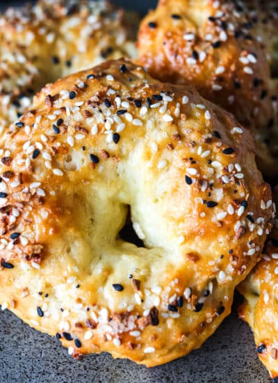 closeup of a bagel topped with everything bagel seasoning.