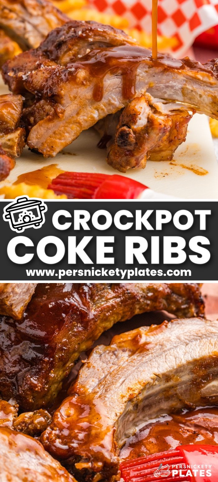 These Slow Cooker Coke Ribs are sweet, tangy, tender, and so good you won't even care how much sauce is on your face. Juicy, saucy, fall-off-the-bone ribs are made with a not-so-secret ingredient (it's in the title!) and the slow cooker does all the work! | www.persnicketyplates.com
