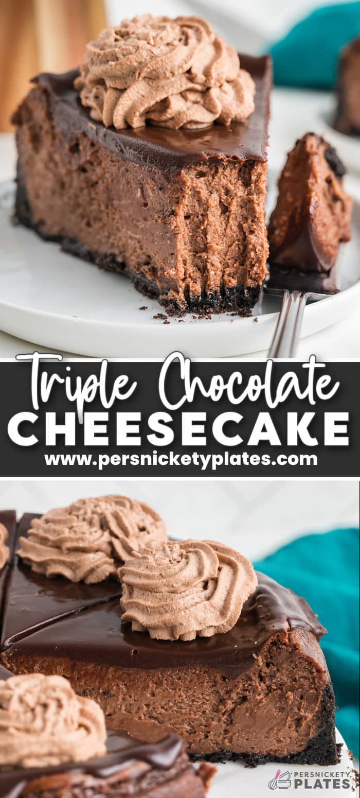 Chocolate lovers, this one is for you! Every inch of this triple chocolate cheesecake is filled with chocolatey goodness, including an Oreo crust. The entire cheesecake is prepared and baked in just over 1 hour with no water bath needed! | www.persnicketyplates.com
