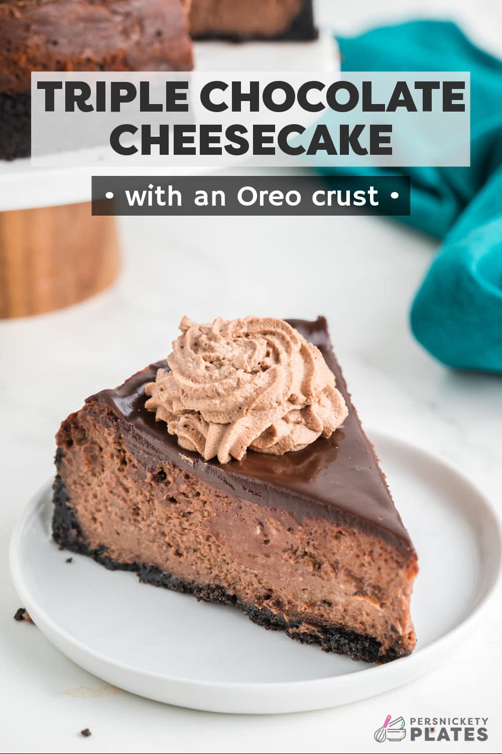 Chocolate lovers, this one is for you! Every inch of this triple chocolate cheesecake is filled with chocolatey goodness, including an Oreo crust. The entire cheesecake is prepared and baked in just over 1 hour with no water bath needed! | www.persnicketyplates.com