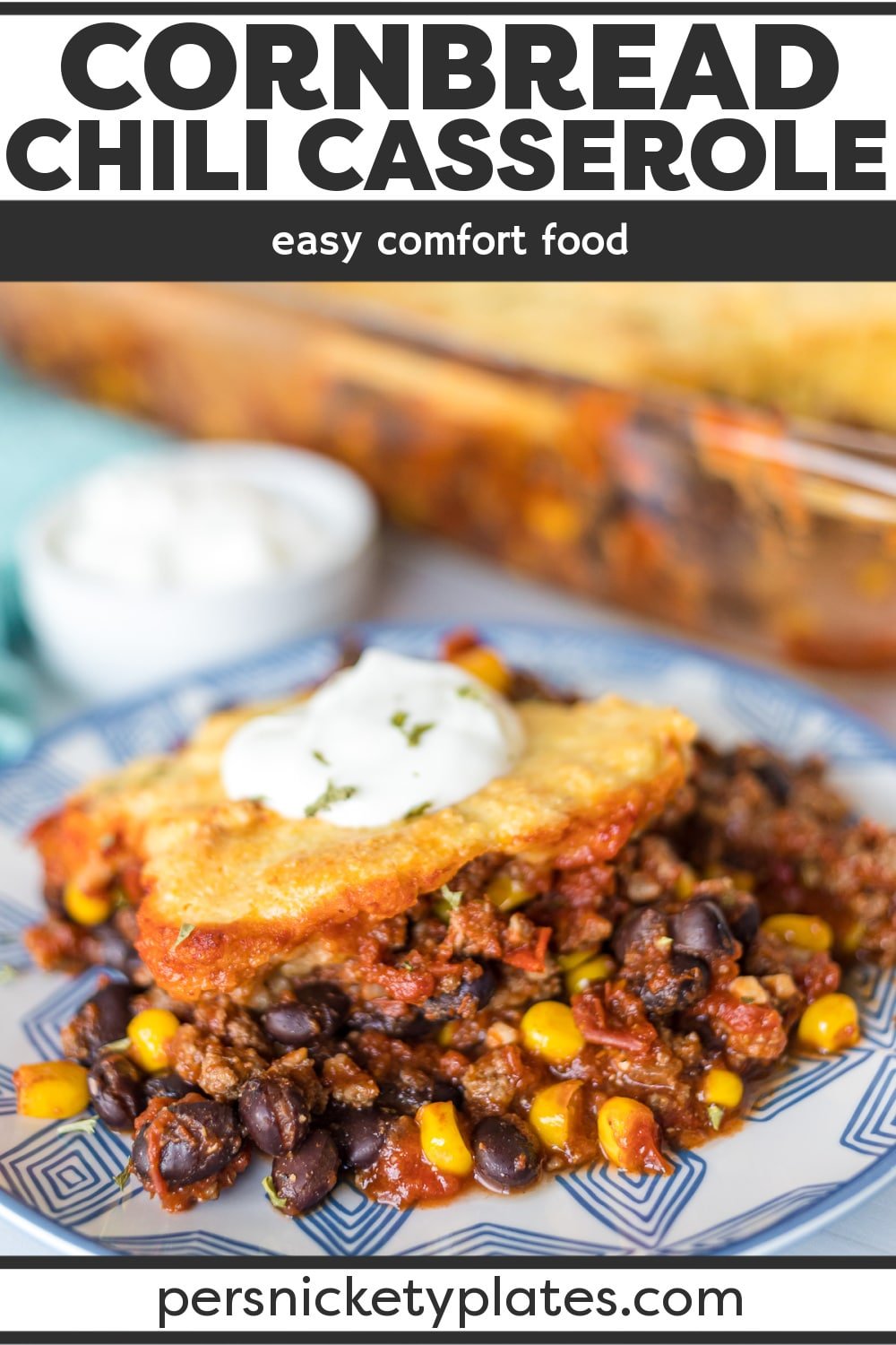 This chili cornbread casserole with Jiffy mix tastes like your mom’s chili but is topped with a layer of sweet and crispy cornbread. It’s the definition of Southern comfort food but super easy! | www.persnicketyplates.com