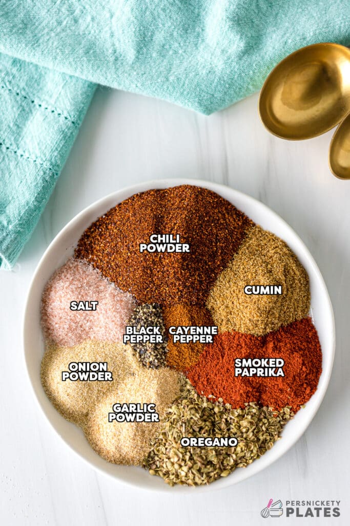 overhead shot of labeled spices on a plate.