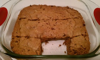 blondies in a glass baking dish.