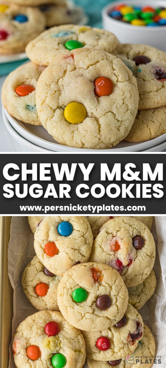 Chewy M&M Sugar Cookies - just like the Sugar Butter Cookies from the mall! Soft, chewy, and loaded with colorful M&Ms to suit any occasion. They're made with simple baking staples and a secret ingredient, making these the best, chewiest, most decadent sugar cookies you've ever had! | www.persnicketyplates.com