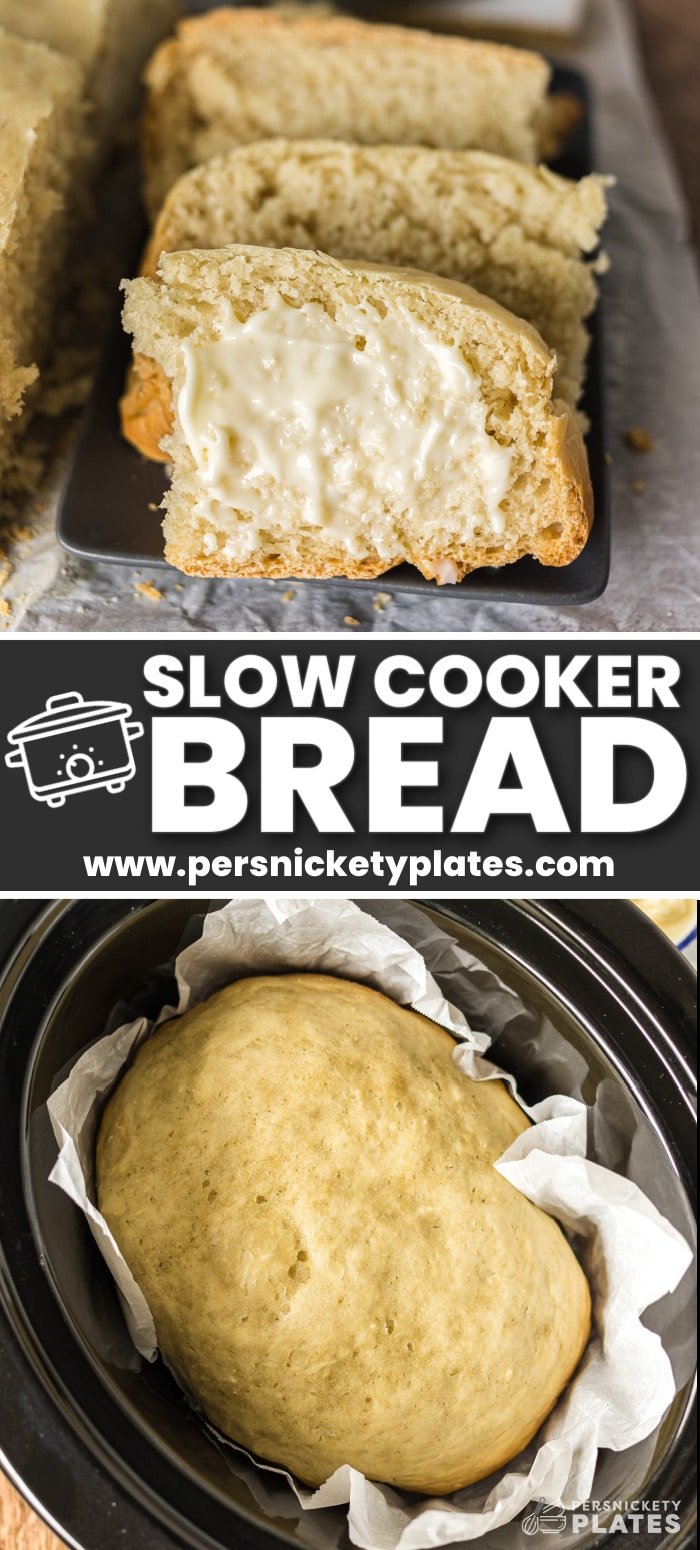 Rustic Slow Cooker Bread is exactly as easy and convenient as it sounds! Skip the loaf pan, the dough rise, and turning on the oven, because the crockpot does it all! | www.persnicketyplates.com