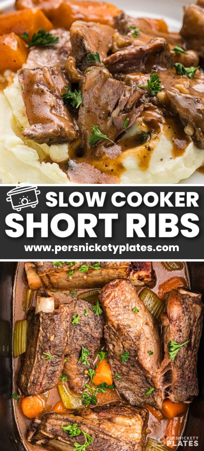 Make an entire meal in one pot with these fall-off-the-bone slow cooker short ribs. Simmered low and slow in a savory beef broth, these seasoned and seared ribs are melt-in-your-mouth tender, and with easy prep and hands-off cooking, it's an easy way to feed your family during the week! | www.persnicketyplates.com