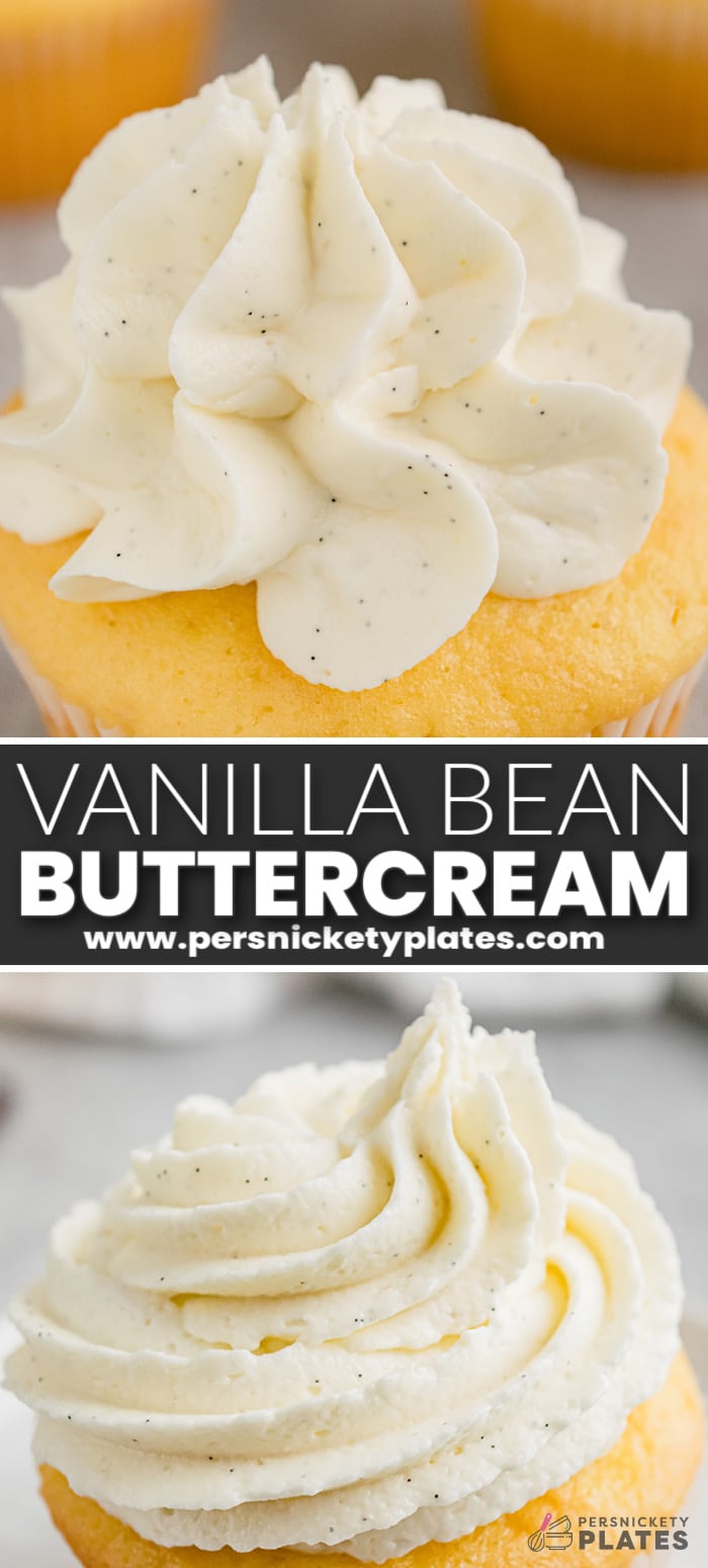 Vanilla bean buttercream is known for its silky smooth consistency, buttery rich flavor, and the way it pipes beautifully on top of cakes, cookies, and cupcakes. I'm going to show you how to make the very best vanilla buttercream using butter, salt, sugar, heavy cream, and 3 kinds of vanilla! | www.persnicketyplates.com