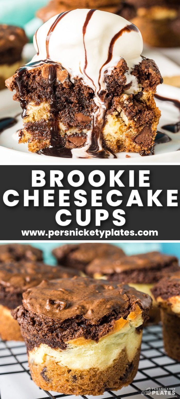 Brookie cheesecake cups are a handheld layered dessert made with a chocolate chip cookie crust, a cream cheese middle, and a brownie top! This is a dessert we all deserve because it is out-of-this-world good and the fact that it's homemade but not at all from scratch makes it feel all the more indulgent and just the right amount of cheeky! | www.persnicketyplates.com
