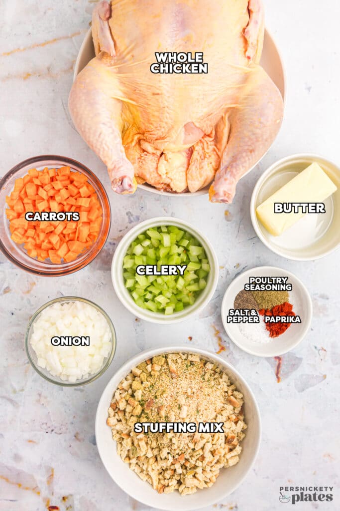 overhead shot of labeled ingredients to make slow cooker chicken & stuffing.