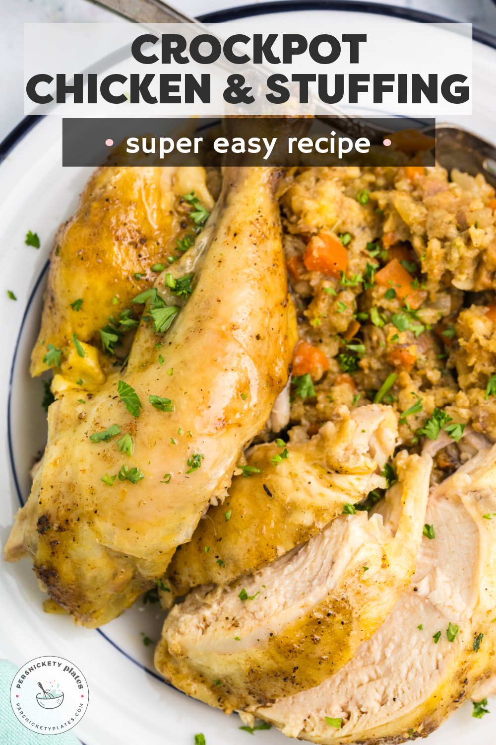 Cook an entire chicken, plus veggies, and stuffing in one pot, basically hands-free! You can't get easier than this slow cooker whole chicken and stuffing when it comes to feeding your family a healthy, wholesome meal with loads of flavor and minimal effort. | www.persnicketyplates.com