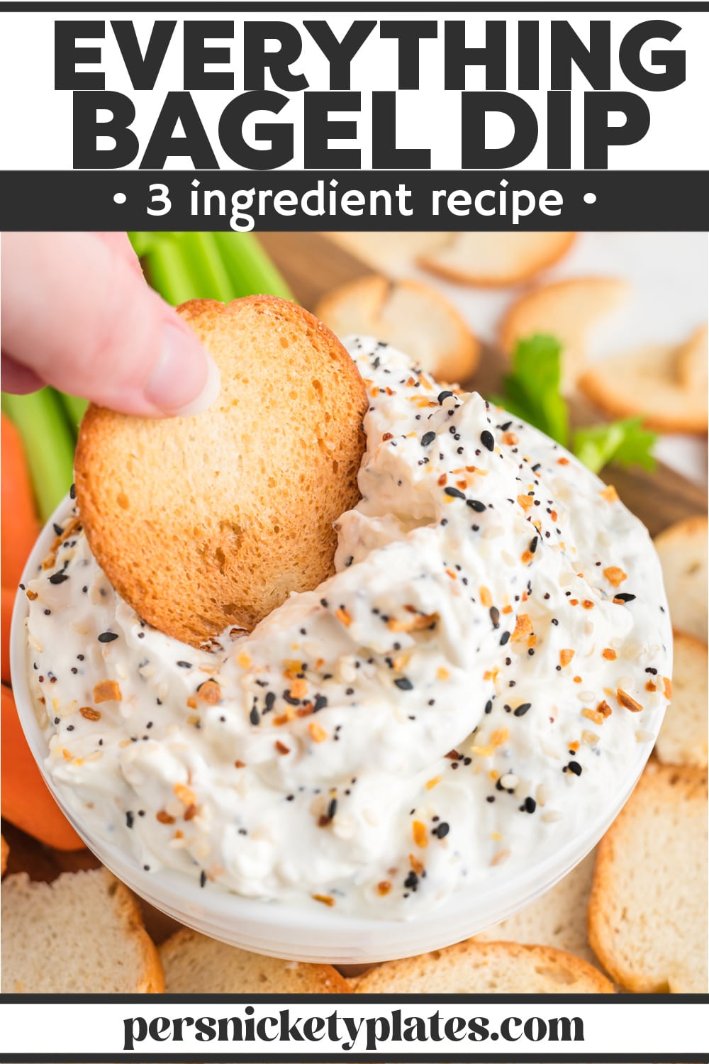 This 3-ingredient Everything Bagel Dip can be whipped up in minutes and served cold! It's got the garlicky, earthy flavors of everything bagel seasoning in a thick, creamy dip, perfect for dipping crackers, chips, bread, and veggies! | www.persnicketyplates.com
