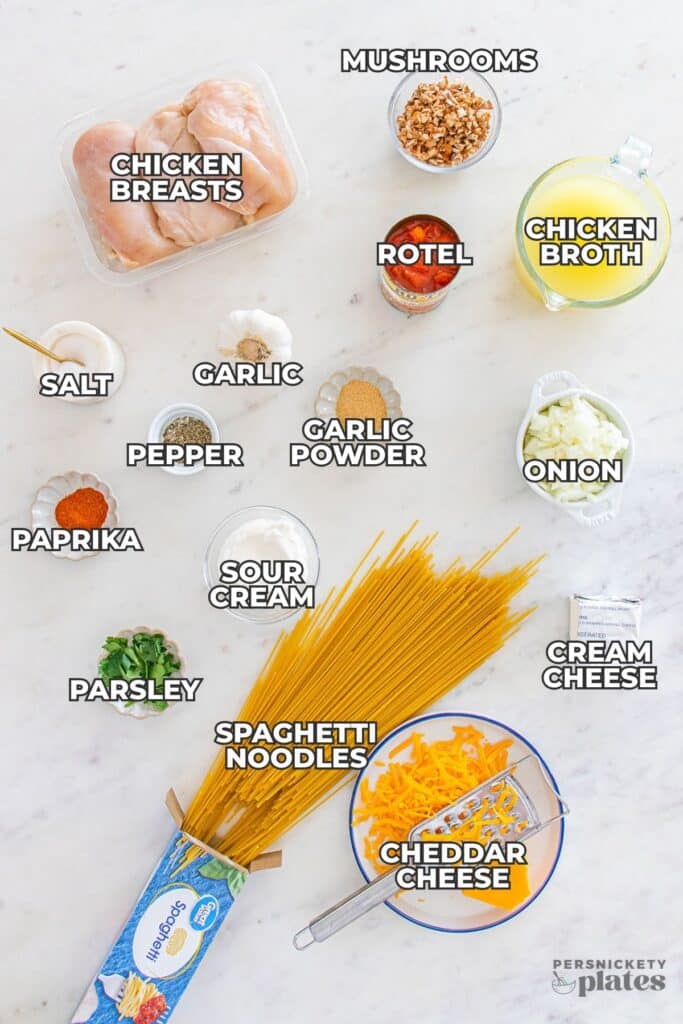 Overhead view of labeled ingredients for crockpot chicken spaghetti on marble surface.