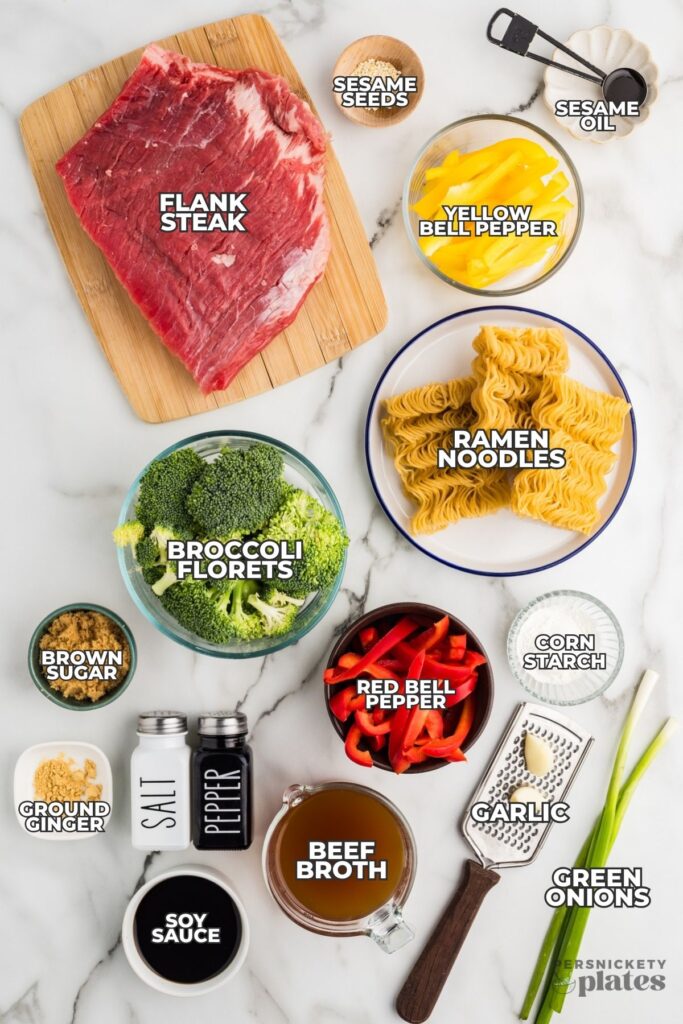 Ingredients for beef ramen noodles including flank steak, ramen, broccoli, peppers, and sauces labeled.