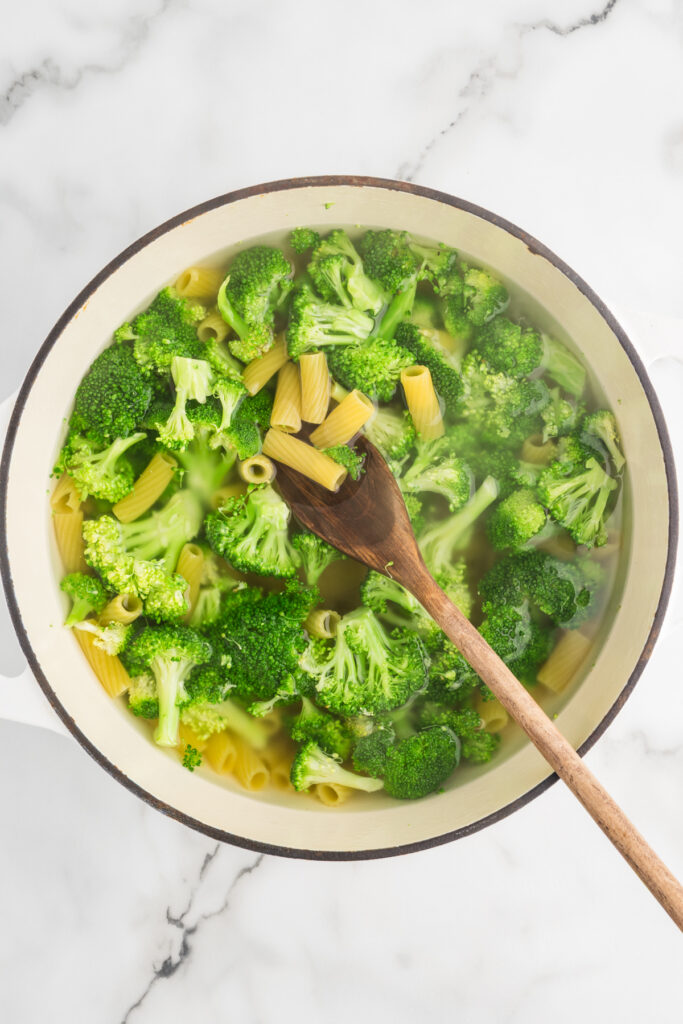 Broccoli florets and rigatoni pasta in a pot with water.