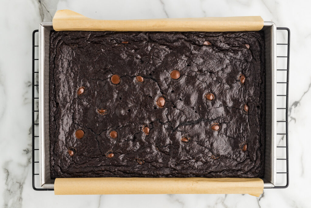Dark cocoa brownies baked in a parchment-lined metal pan with chocolate chips on top.