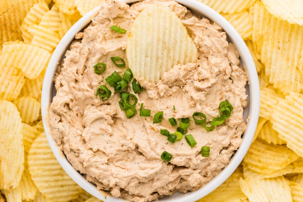 French onion dip topped with green onions and served with ridged potato chips.