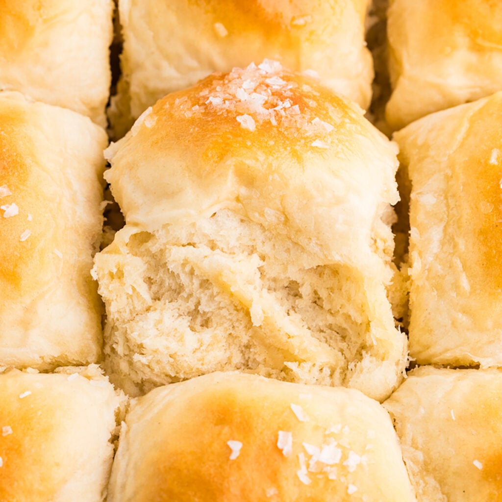 Potato dinner roll pulled open showing soft, fluffy texture.