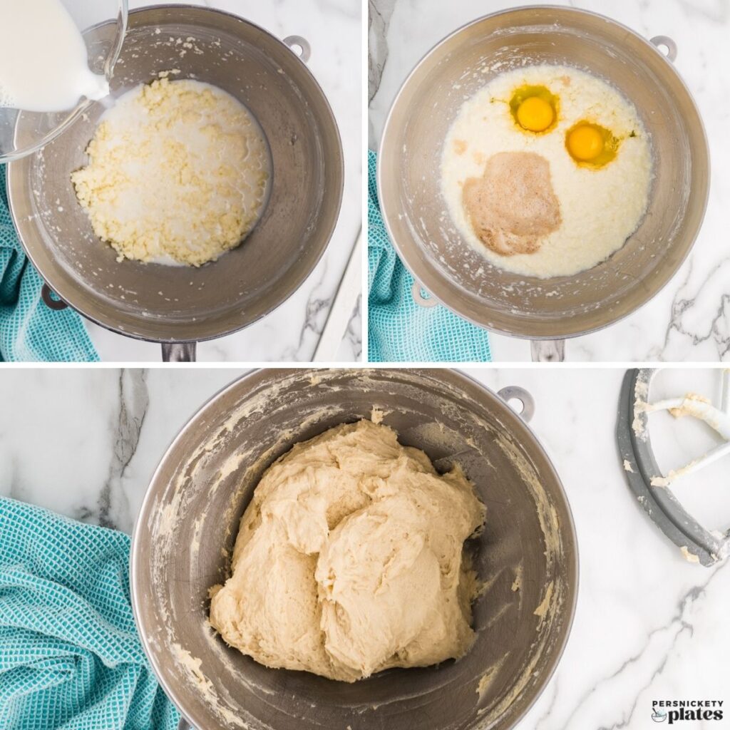 Step-by-step collage showing milk being poured into a stand mixer bowl with mashed potatoes, eggs and yeast added, and the mixture combined into a soft dough.