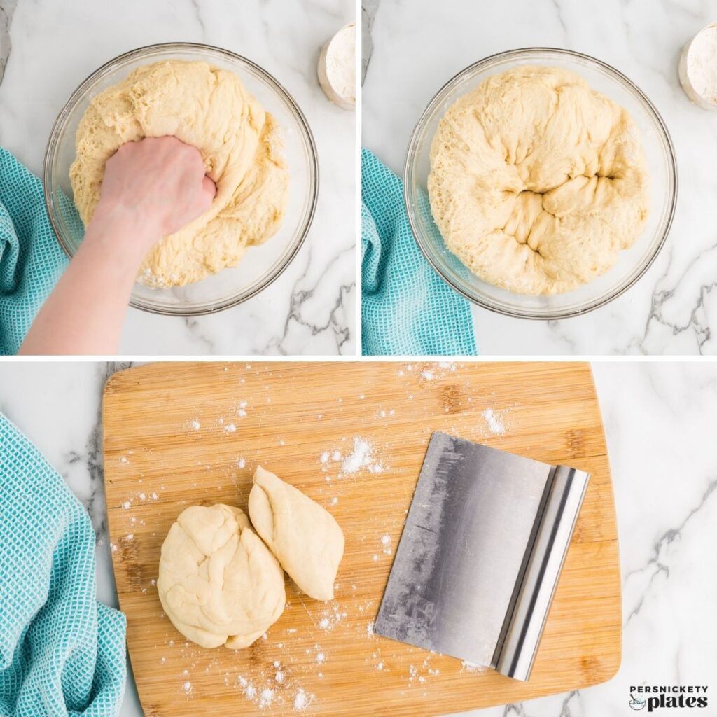 Step-by-step collage showing dough being punched down in a bowl, then transferred to a floured cutting board and divided into portions with a bench scraper.