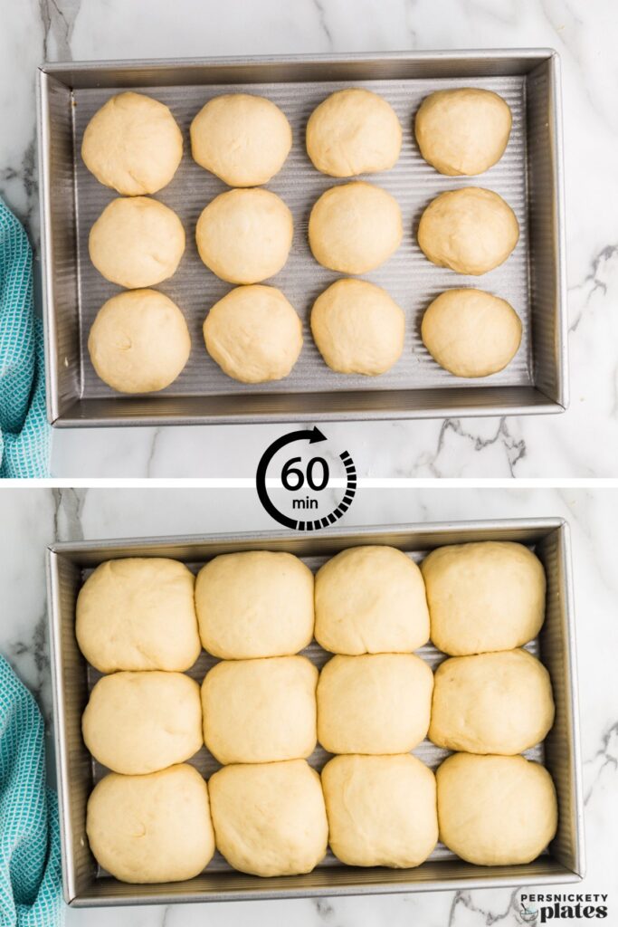 Dough balls in a pan before and after rising.