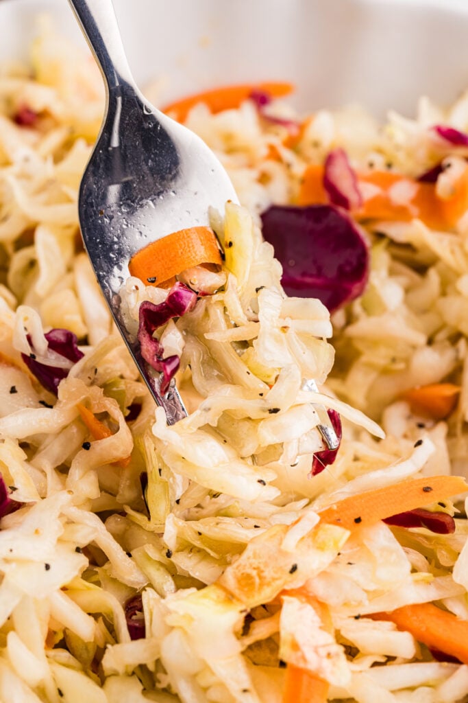 Fork lifting vinegar coleslaw with cabbage, carrots, and purple cabbage.