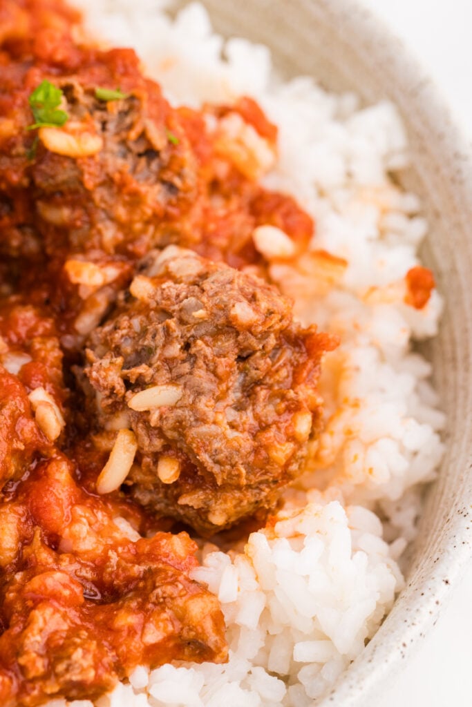 Close-up of a porcupine meatball served over white rice with tomato sauce.